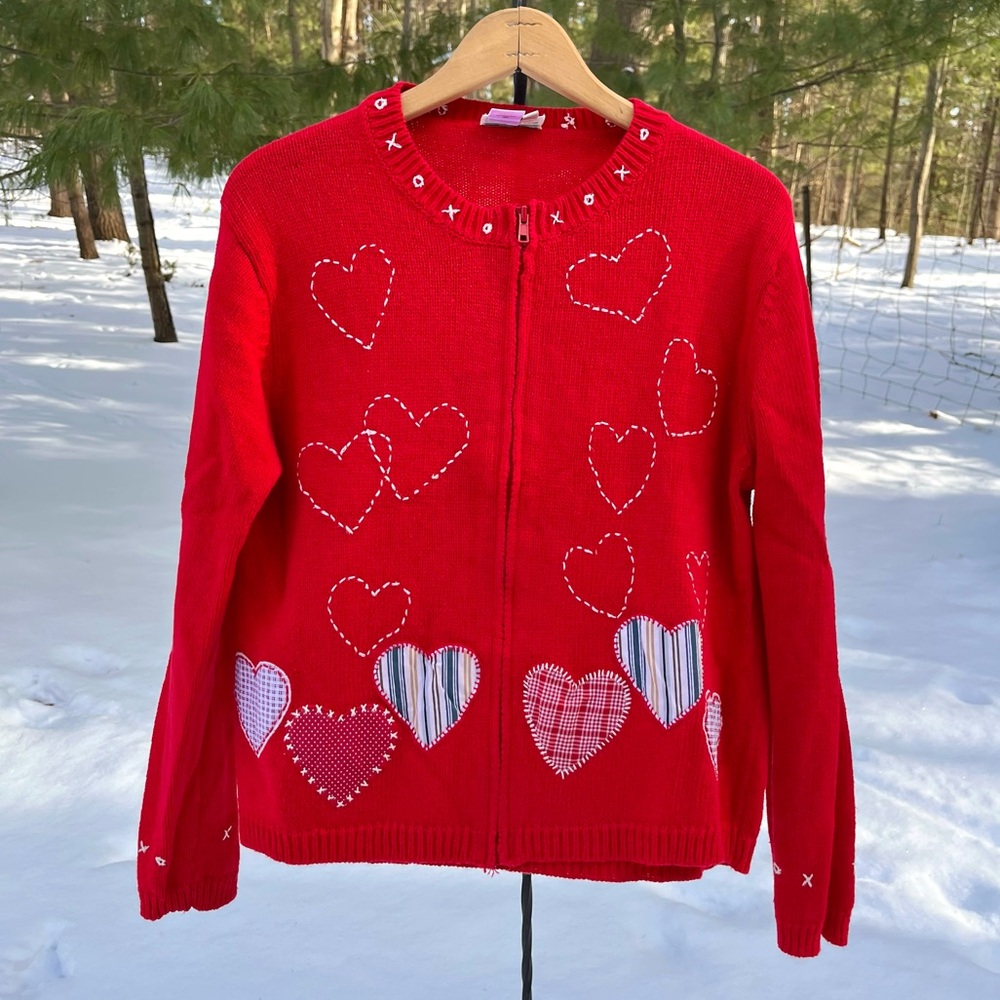 Y2K Coldwater Creek Valentine’s Day Heart Knit Cardigan Sweater Red Size L